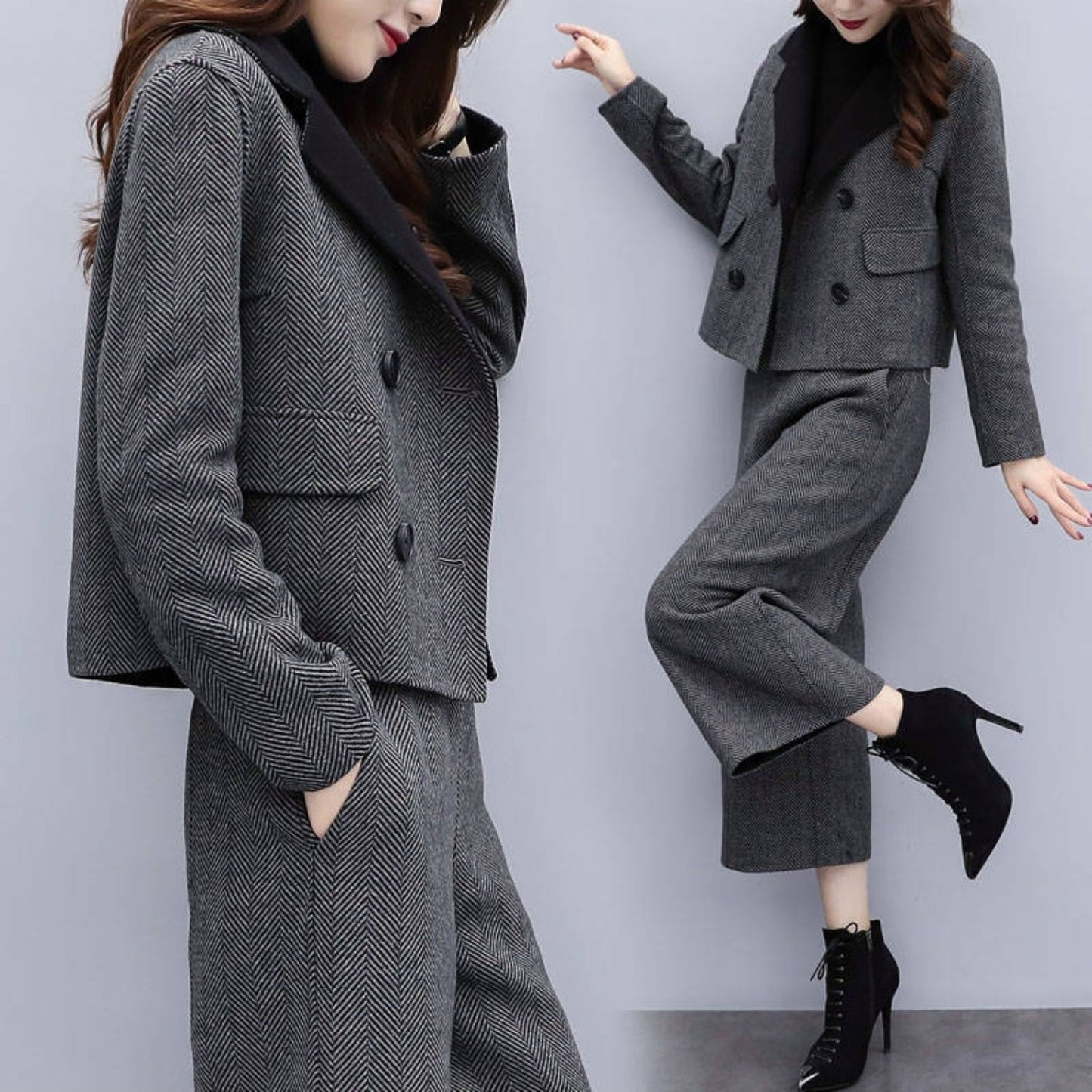 025 Autumn Women’s Two-Piece Herd-Pattern Suit – Wide-Leg Pants & Stylish Coat