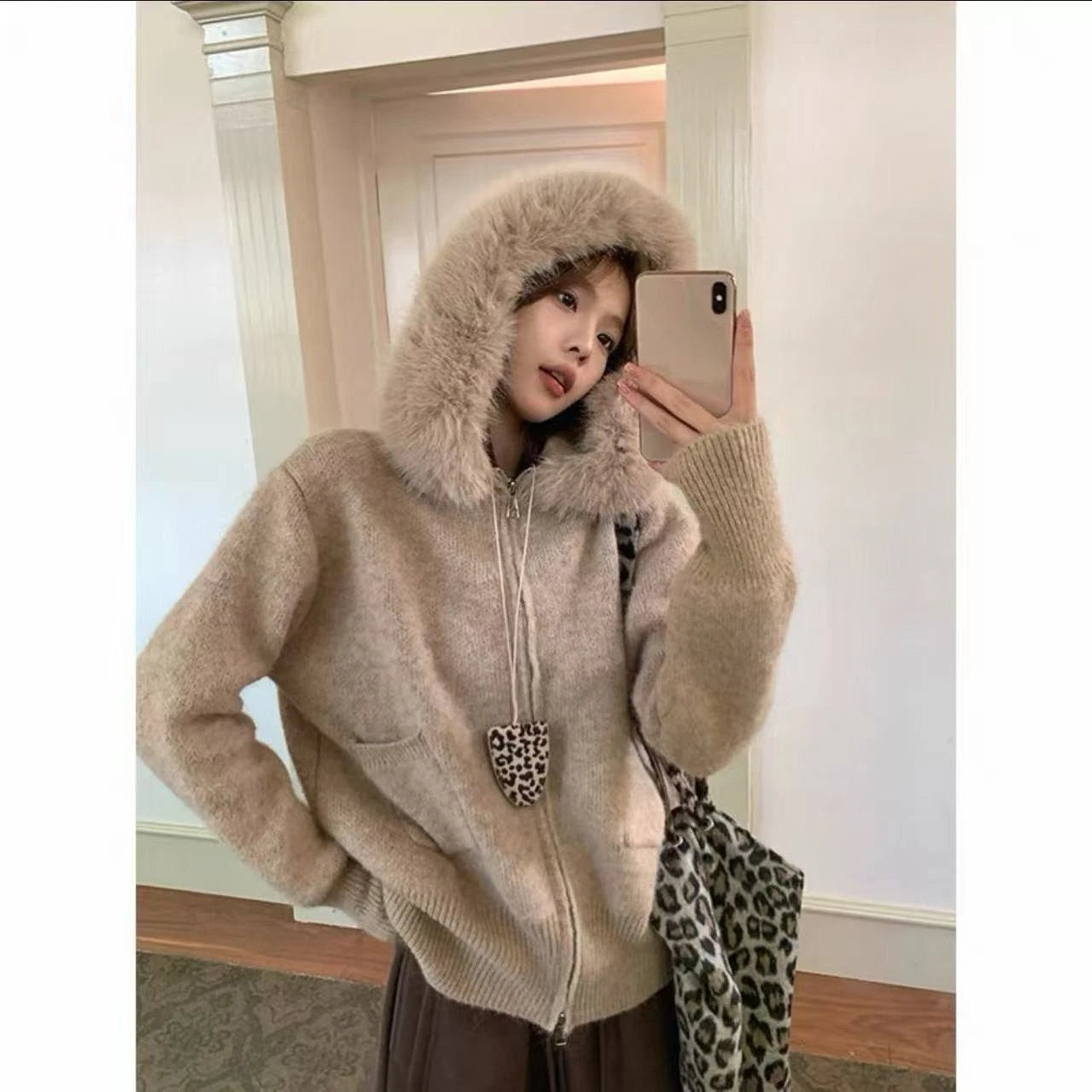 Faux Fur Hooded Knit Cardigan | Cozy Korean Look