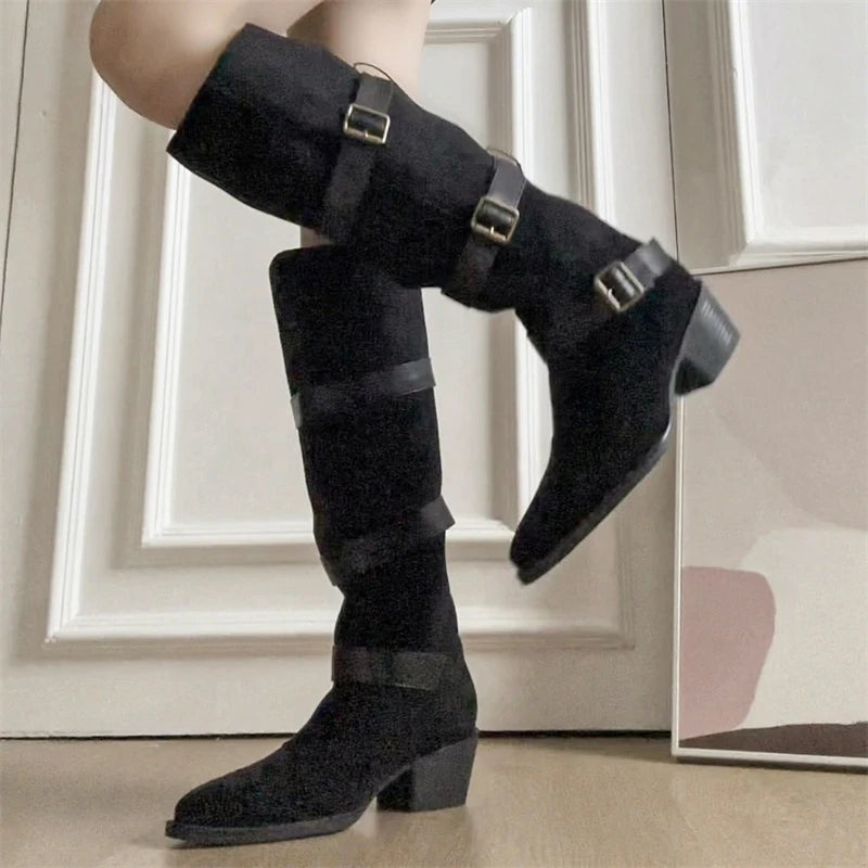 Women’s Belt Buckle High Boots – Party & Vintage Look