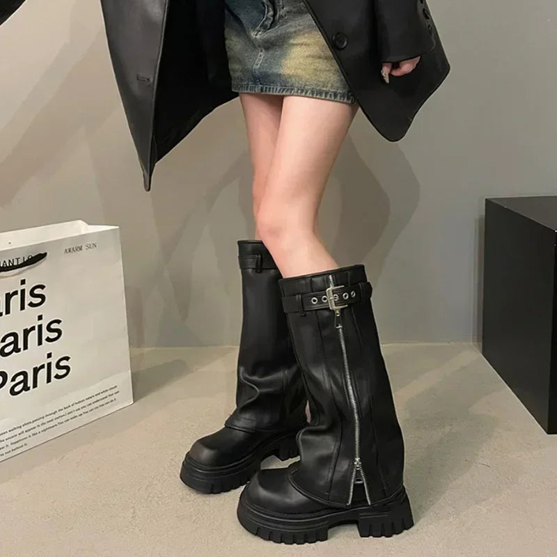 Women’s Knee-High Biker Boots – Platform & Belt Buckle