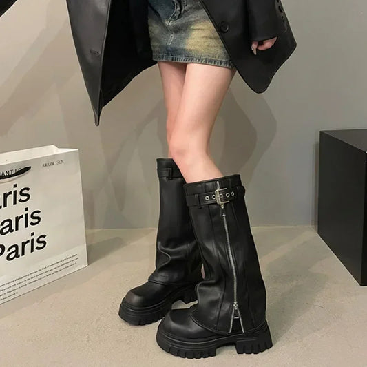 Women’s Knee-High Biker Boots – Platform & Belt Buckle