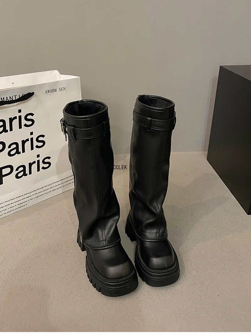 Women’s Knee-High Biker Boots – Platform & Belt Buckle