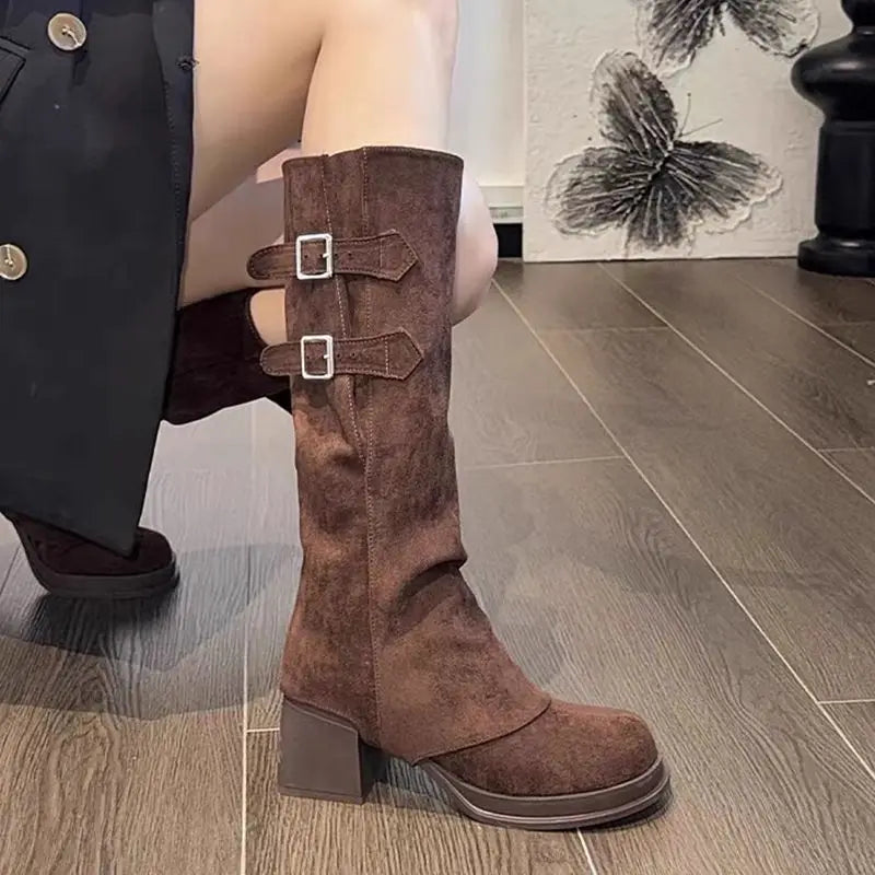 Elegant Thick Heel Long Booties – Autumn & Winter