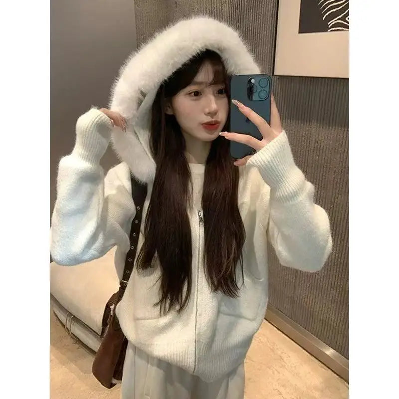 Faux Fur Hooded Knit Cardigan | Cozy Korean Look