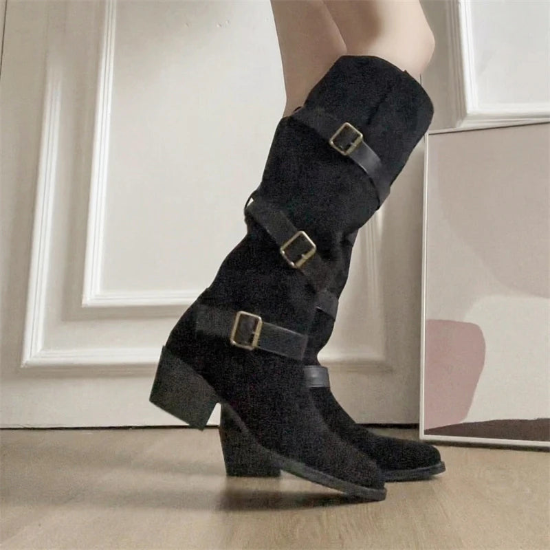 Women’s Belt Buckle High Boots – Party & Vintage Look