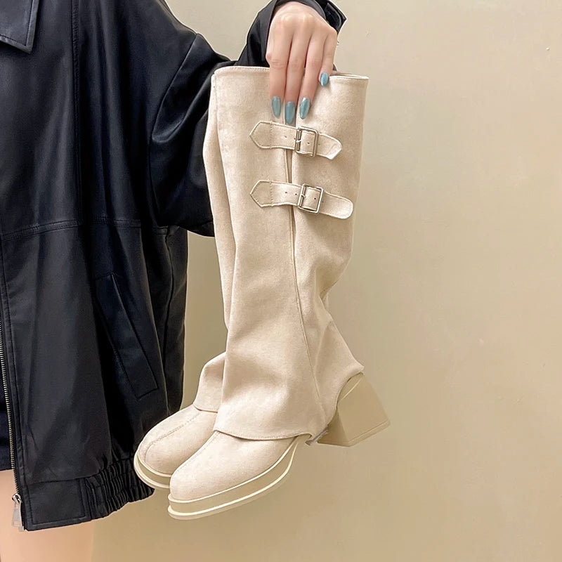 Elegant Thick Heel Long Booties – Autumn & Winter