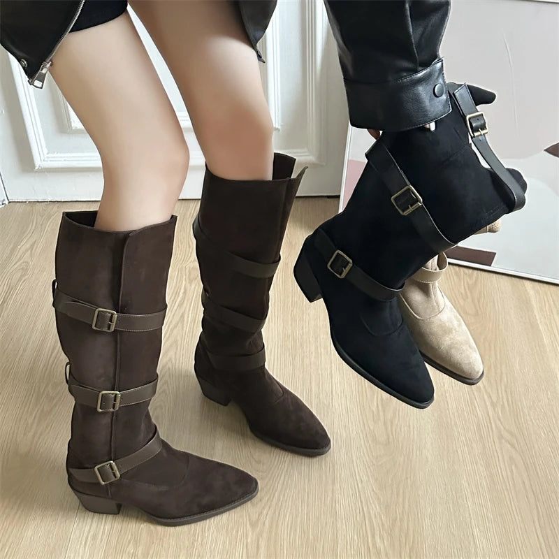 Women’s Belt Buckle High Boots – Party & Vintage Look