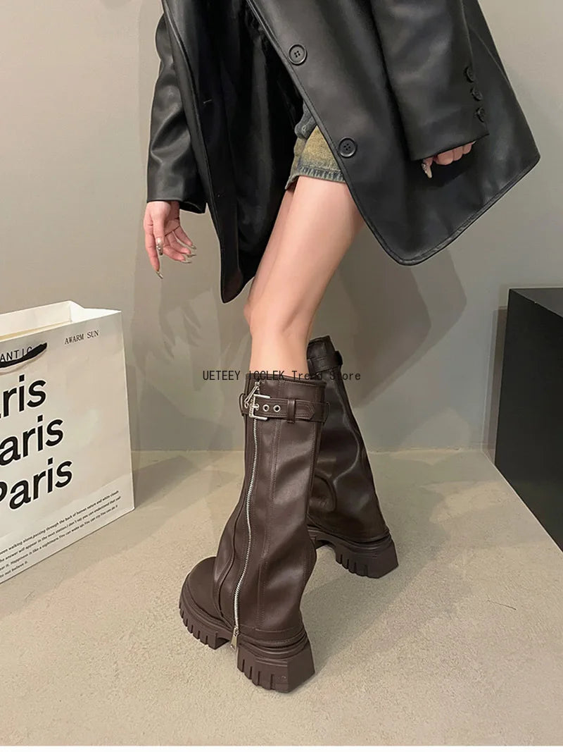Women’s Knee-High Biker Boots – Platform & Belt Buckle