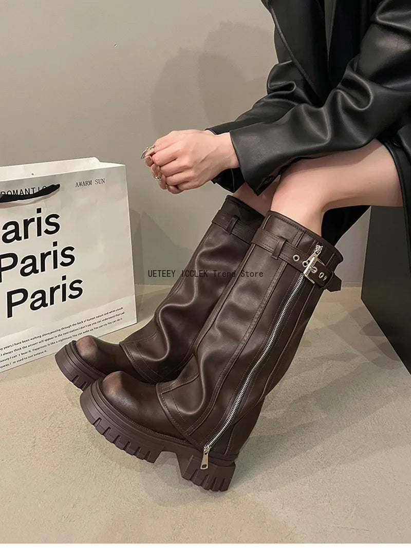 Women’s Knee-High Biker Boots – Platform & Belt Buckle