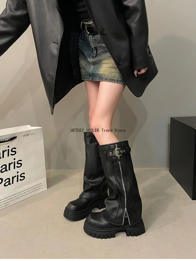 Women’s Knee-High Biker Boots – Platform & Belt Buckle