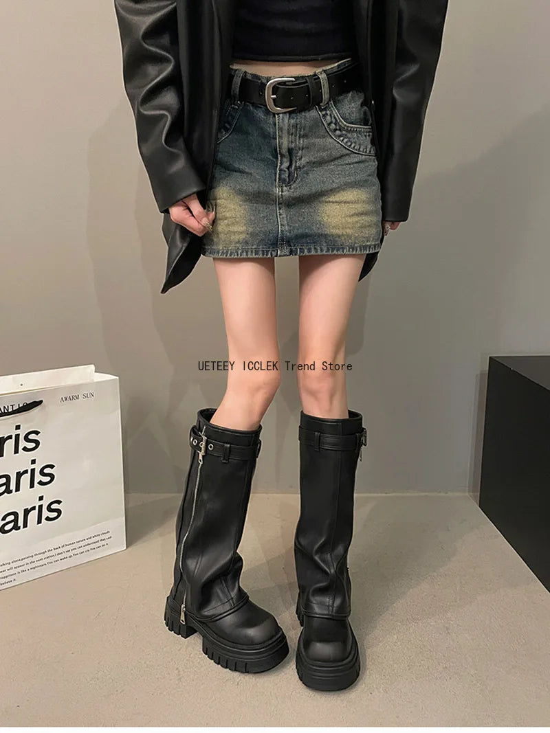 Women’s Knee-High Biker Boots – Platform & Belt Buckle