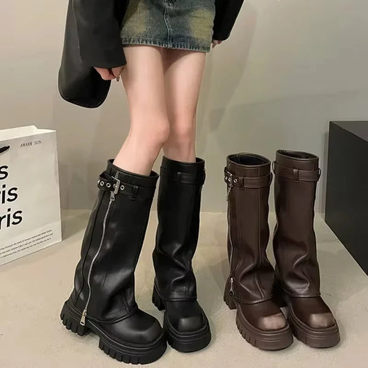 Women’s Knee-High Biker Boots – Platform & Belt Buckle
