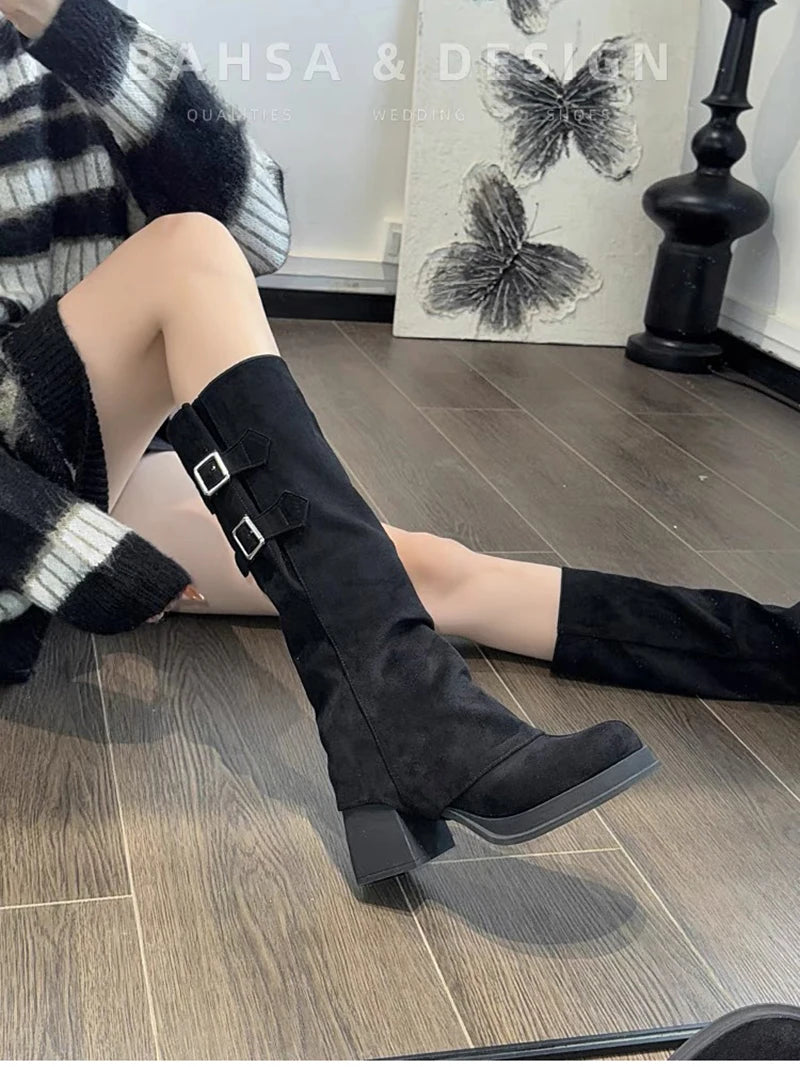 Elegant Thick Heel Long Booties – Autumn & Winter