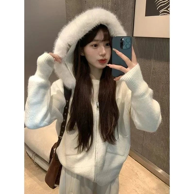 Faux Fur Hooded Knit Cardigan | Cozy Korean Look