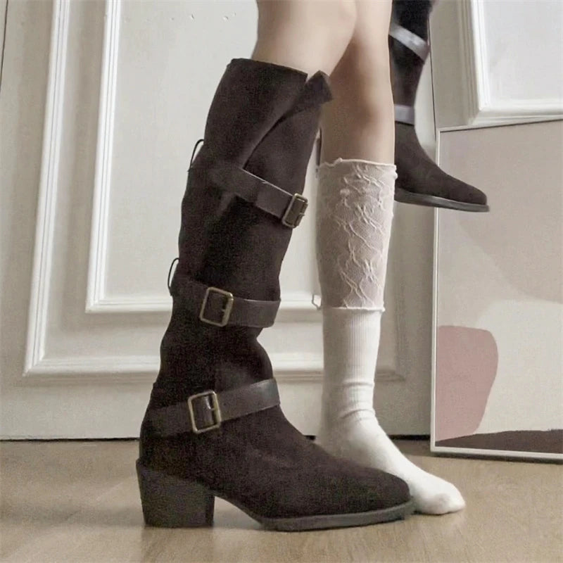 Women’s Belt Buckle High Boots – Party & Vintage Look