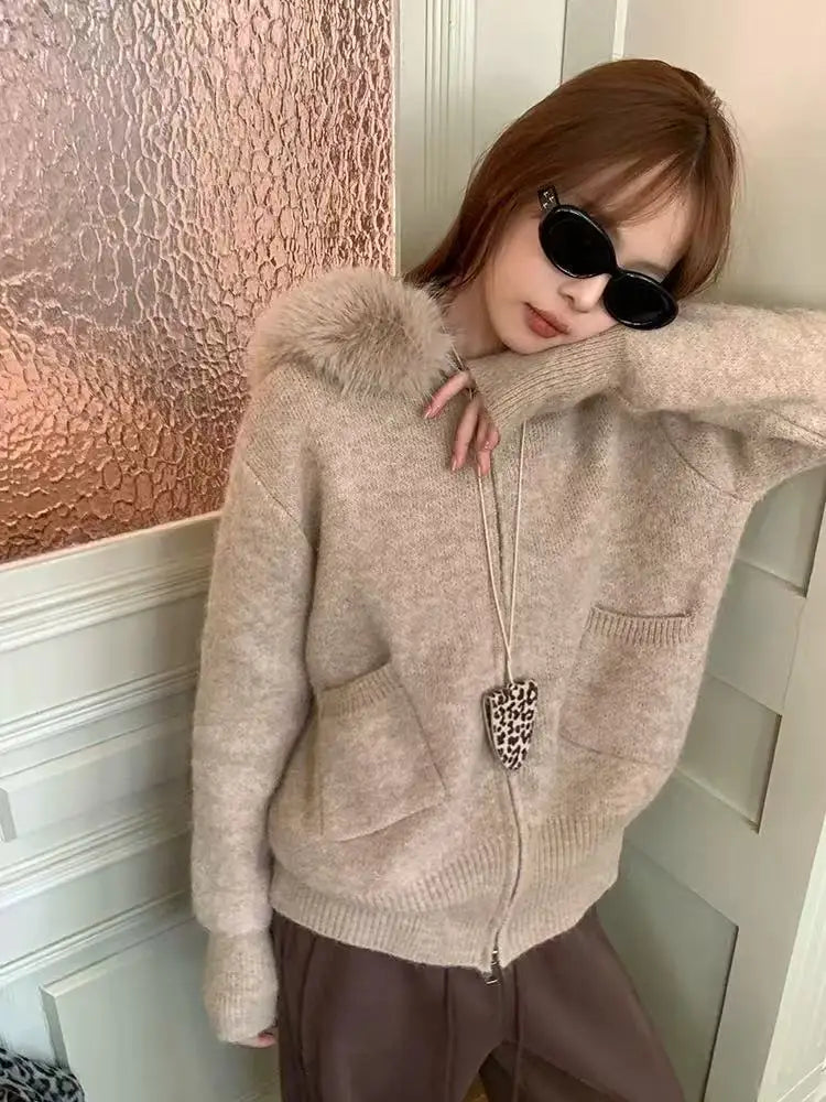 Faux Fur Hooded Knit Cardigan | Cozy Korean Look