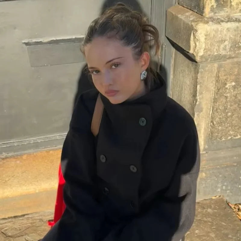 Urban Black Woolen Long Coat Women 2025 Winter Warm Jacket