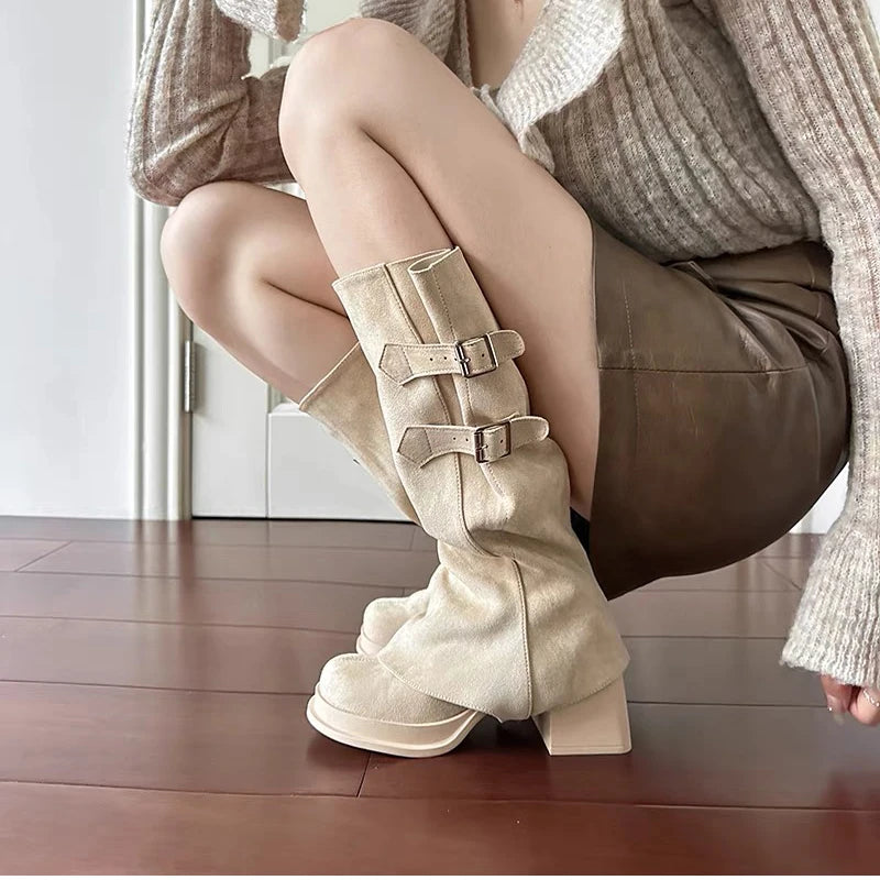 Elegant Thick Heel Long Booties – Autumn & Winter