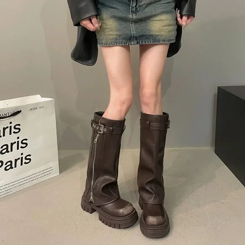 Women’s Knee-High Biker Boots – Platform & Belt Buckle