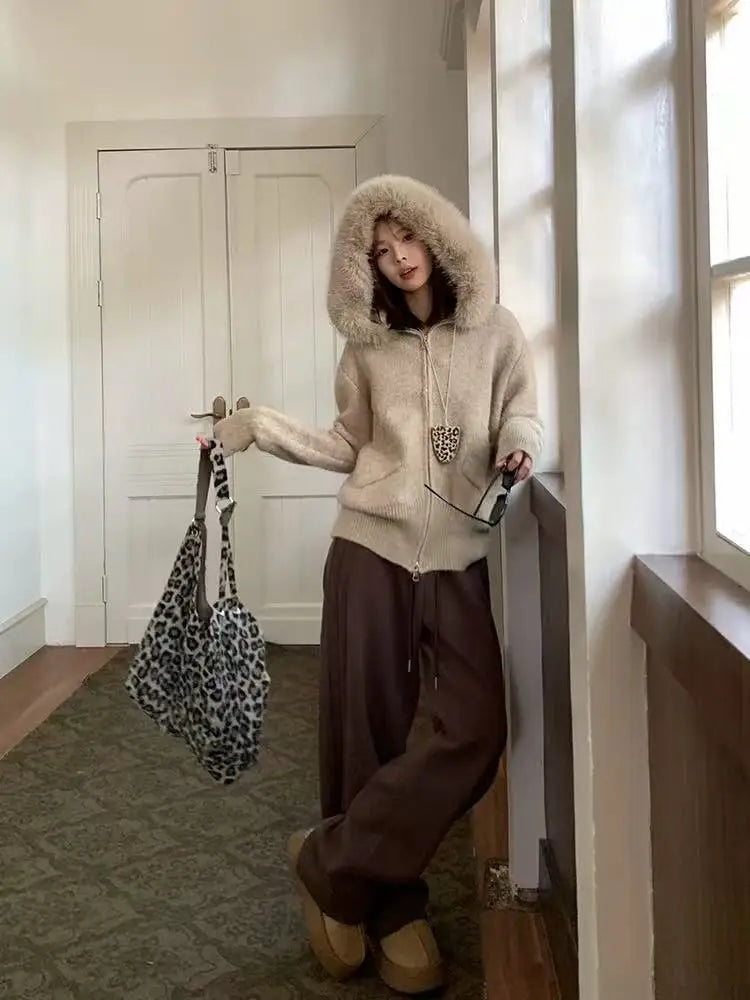 Faux Fur Hooded Knit Cardigan | Cozy Korean Look