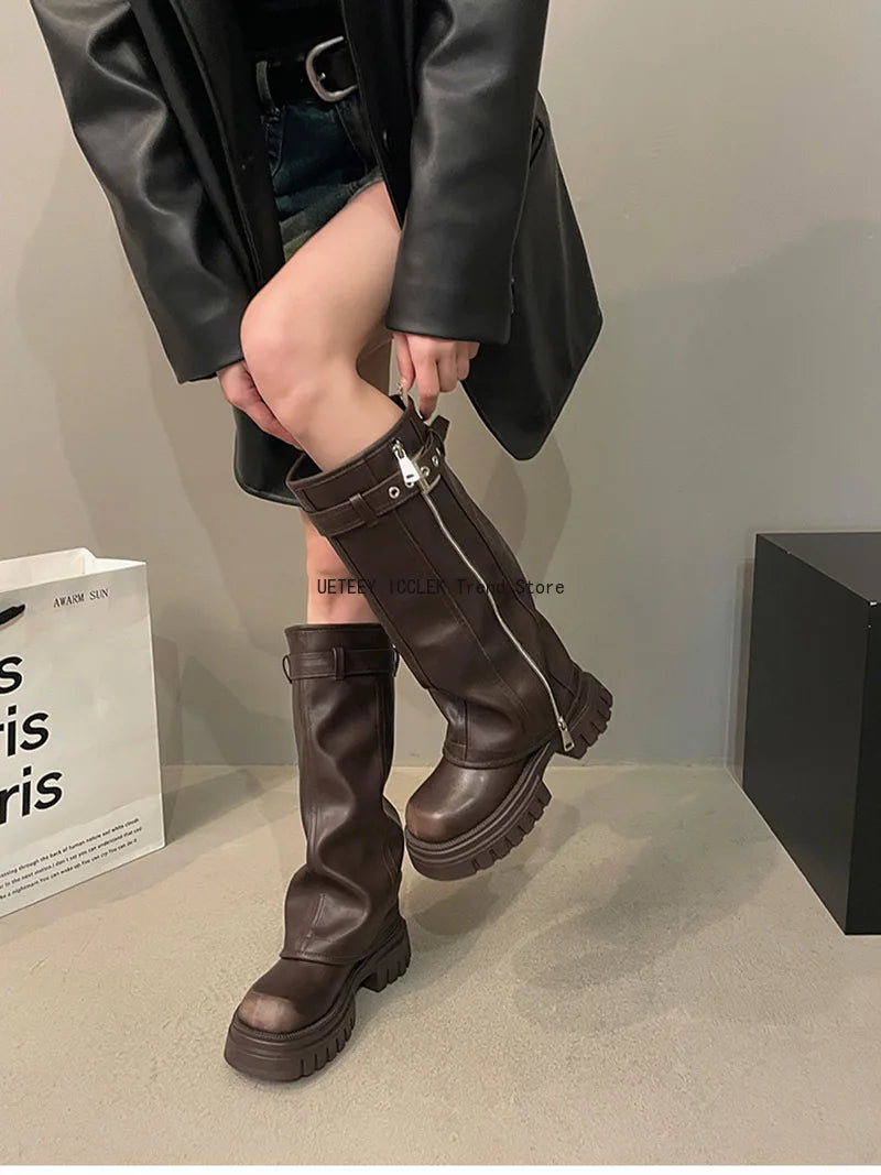 Women’s Knee-High Biker Boots – Platform & Belt Buckle