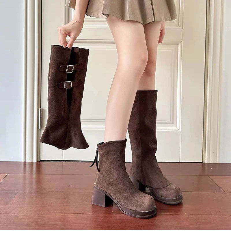 Elegant Thick Heel Long Booties – Autumn & Winter