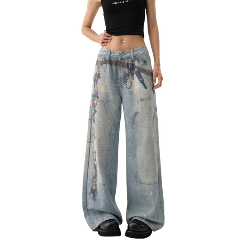 Women's American-style Retro 3D Printed Washed Wide-leg Pants