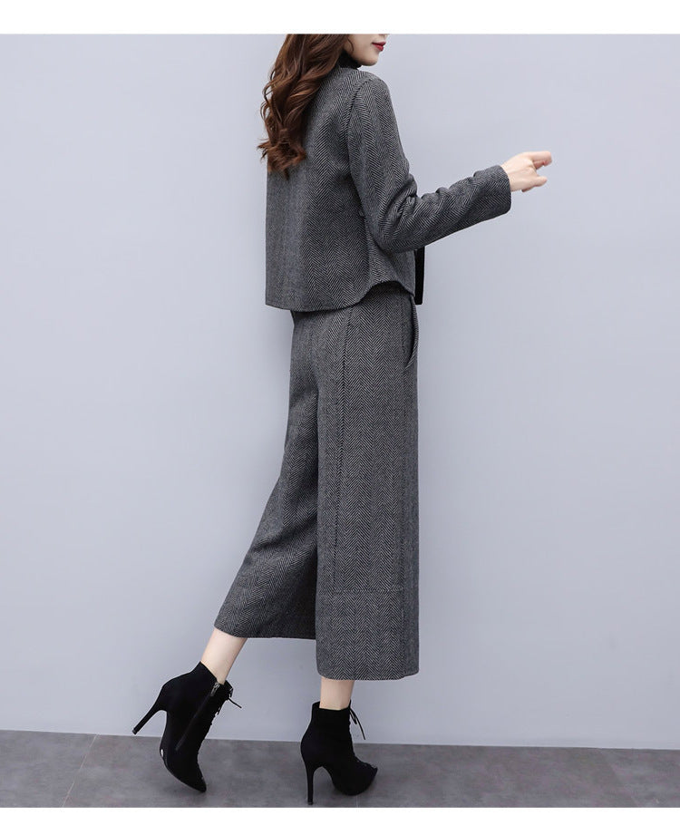 025 Autumn Women’s Two-Piece Herd-Pattern Suit – Wide-Leg Pants & Stylish Coat