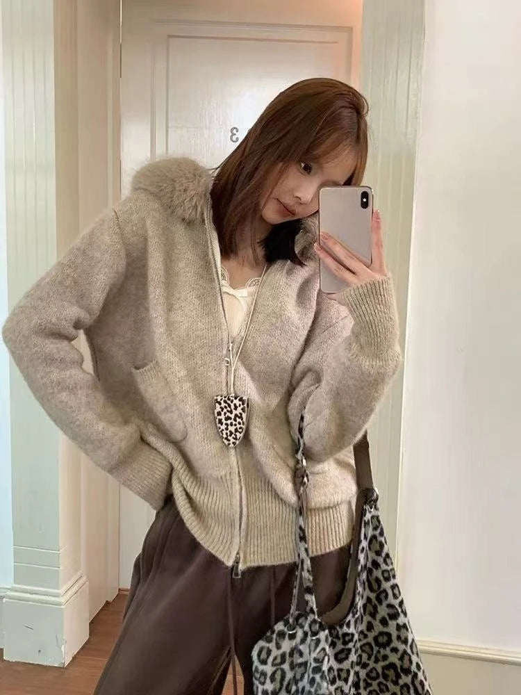 Faux Fur Hooded Knit Cardigan | Cozy Korean Look