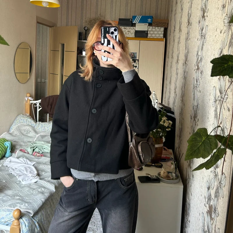 Urban Black Woolen Long Coat Women 2025 Winter Warm Jacket