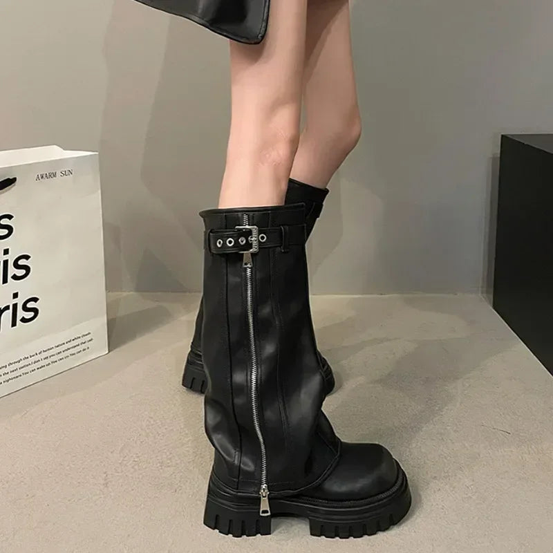Women’s Knee-High Biker Boots – Platform & Belt Buckle