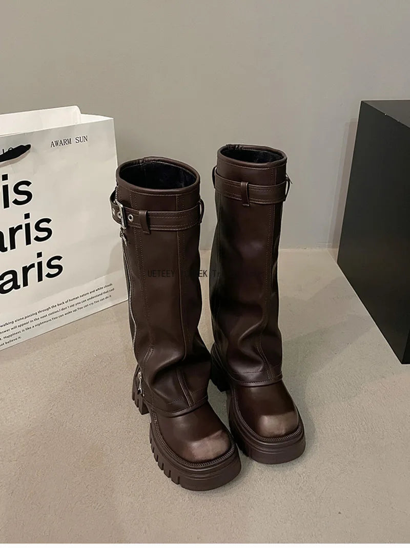 Women’s Knee-High Biker Boots – Platform & Belt Buckle