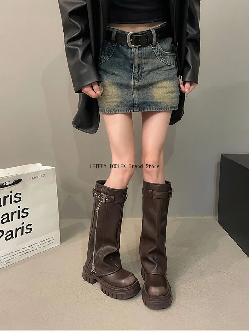Women’s Knee-High Biker Boots – Platform & Belt Buckle