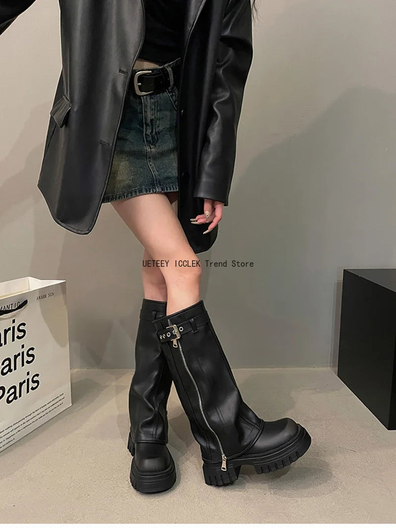 Women’s Knee-High Biker Boots – Platform & Belt Buckle