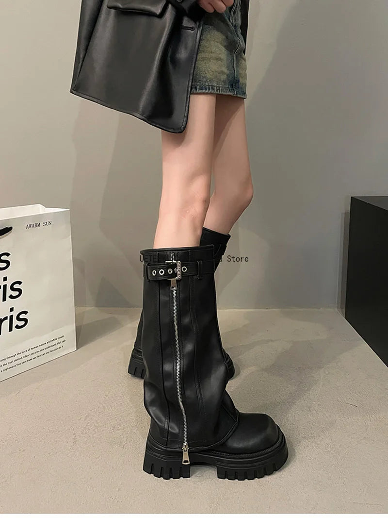 Women’s Knee-High Biker Boots – Platform & Belt Buckle