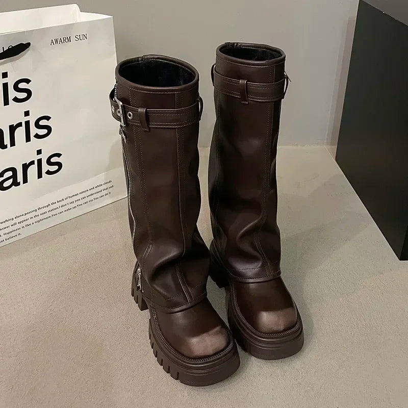 Women’s Knee-High Biker Boots – Platform & Belt Buckle
