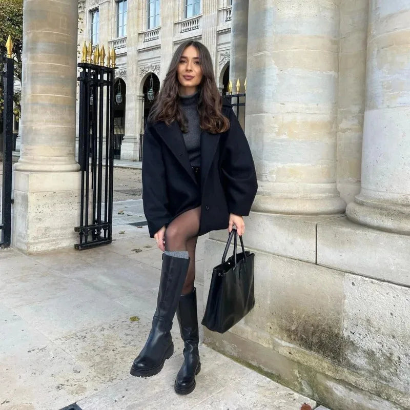 Urban Black Woolen Long Coat Women 2025 Winter Warm Jacket