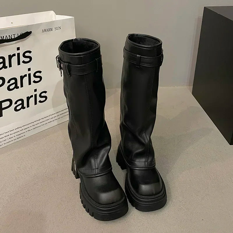 Women’s Knee-High Biker Boots – Platform & Belt Buckle