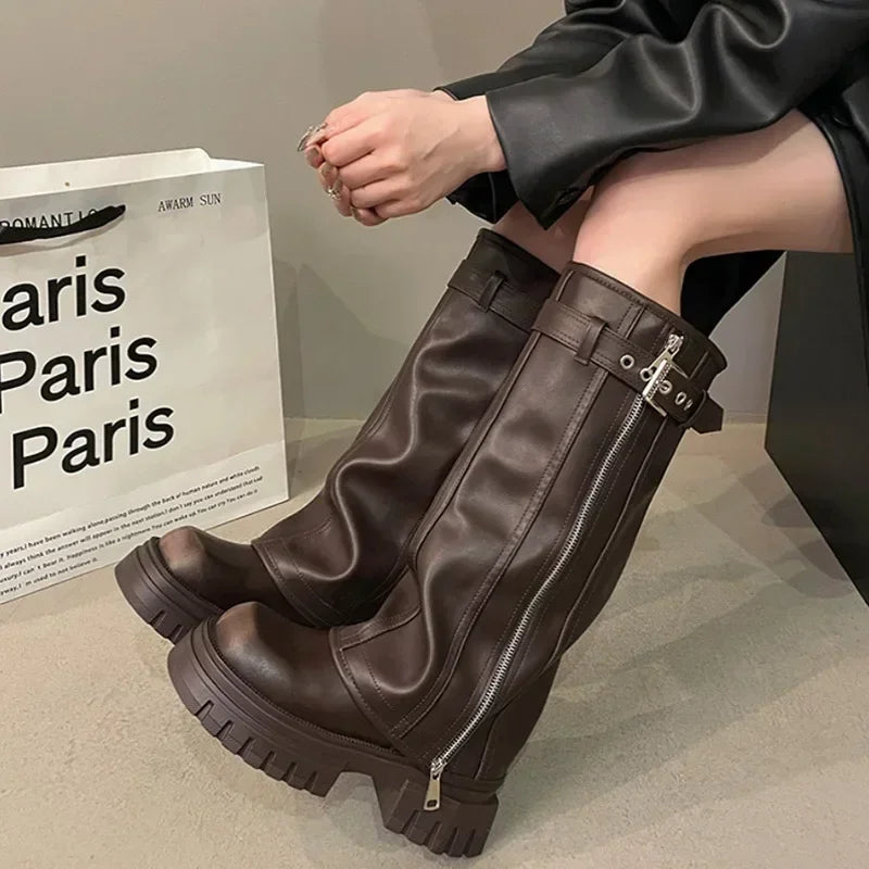 Women’s Knee-High Biker Boots – Platform & Belt Buckle