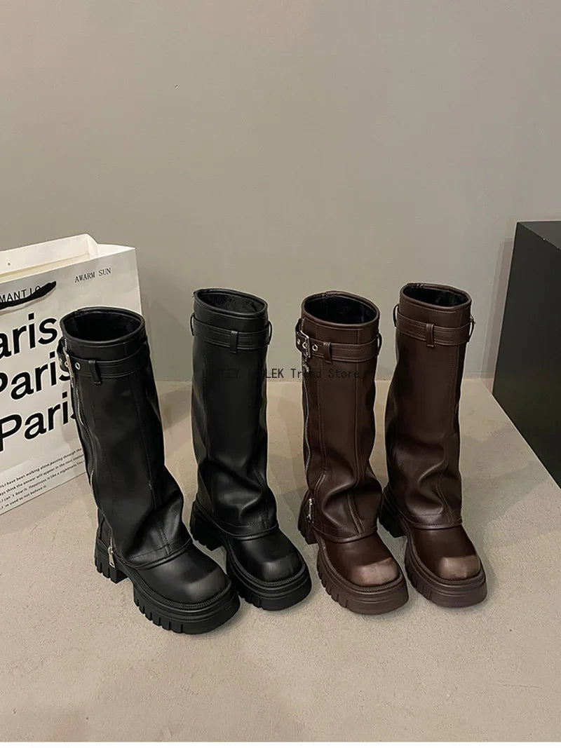 Women’s Knee-High Biker Boots – Platform & Belt Buckle