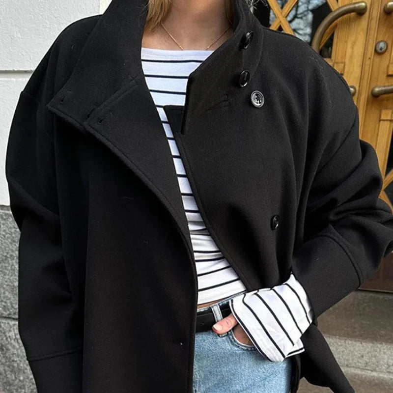 Urban Black Woolen Long Coat Women 2025 Winter Warm Jacket