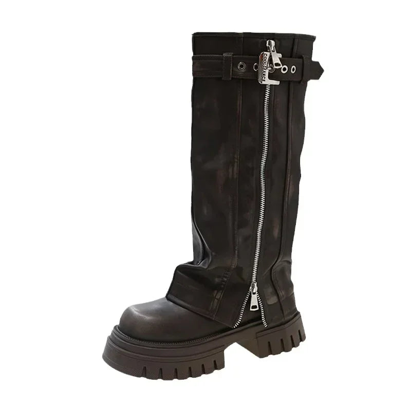 Women’s Knee-High Biker Boots – Platform & Belt Buckle